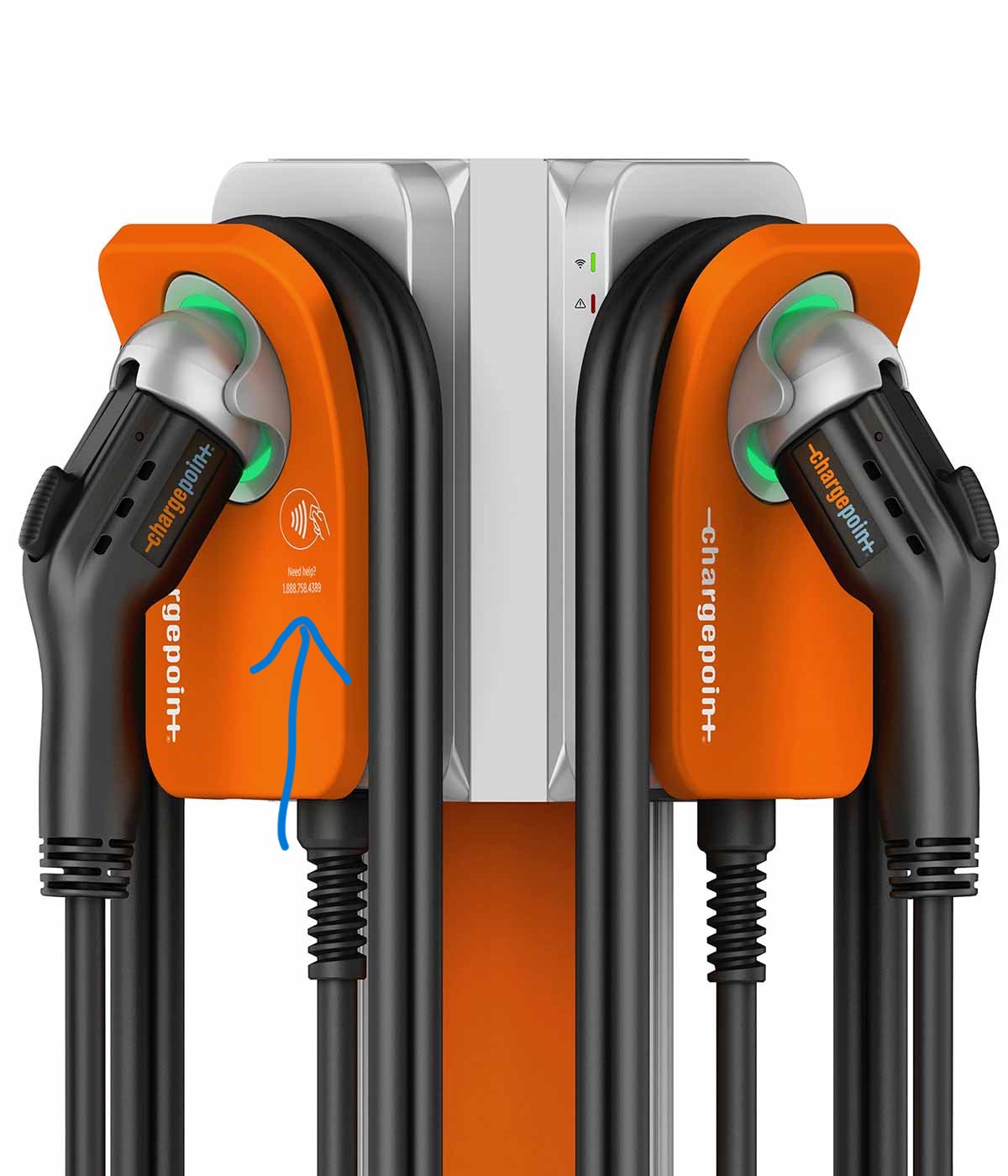 A picture of one of the chargers used at Multifamily hubs. The place you tap the ChargePoint has an arrow pointing to it.