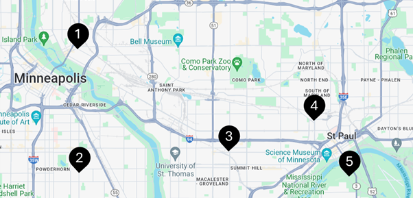 A map showing locations of reliable carwashes.