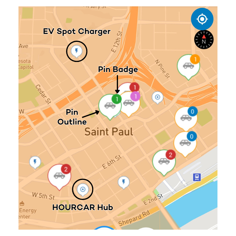 A map key showing what a pin badge, pin outline, EV Spot Charger pin, and HOURCAR hub pin look like on the Vehicles map view.