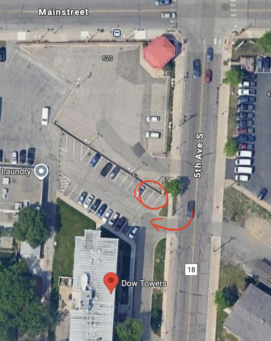 A map with the location of the Dow Towers hub circled.