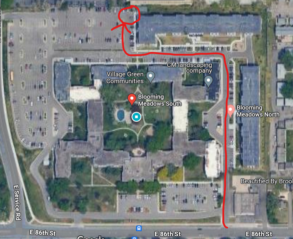 A map showing directions to find the Blooming meadows hub.