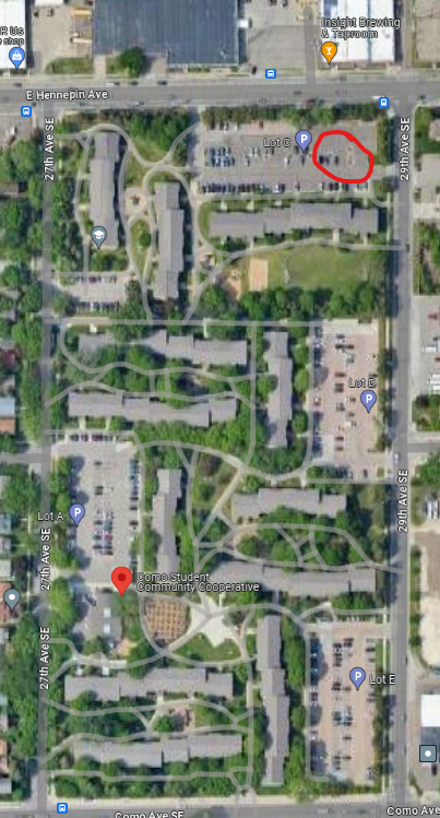 An overhead map of Como Student Coop,m with the hub's location circled in the northernmost lot, C.