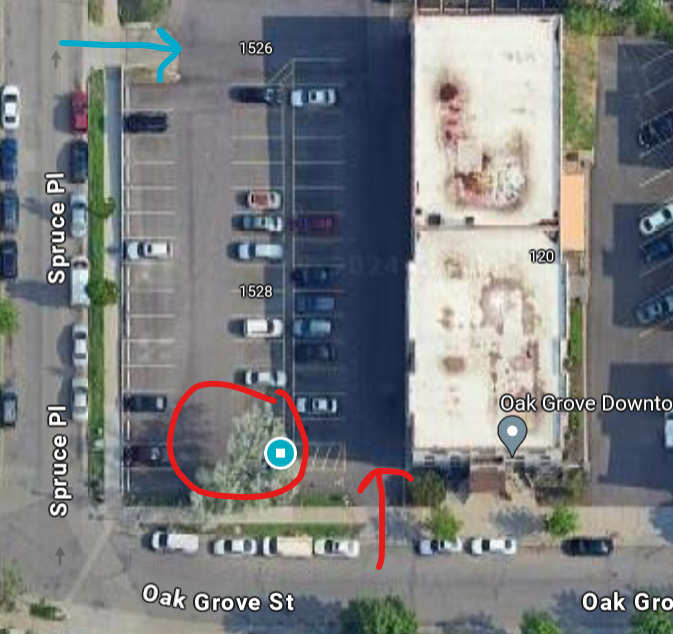 A map showing the Oak Grove and Spruce Place hub.