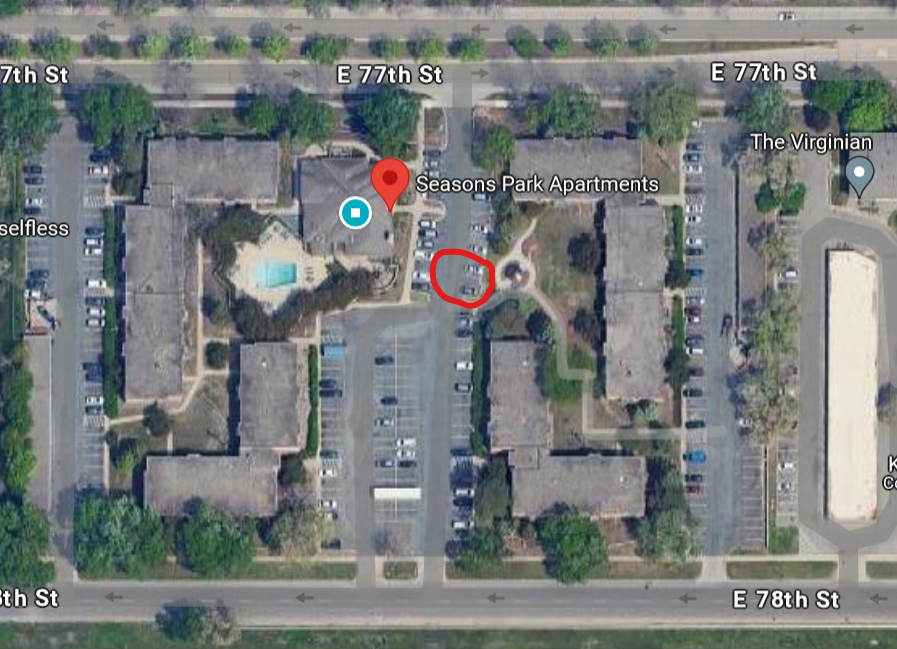 An overhead view of Seasons Park. The location of the hub is circled.