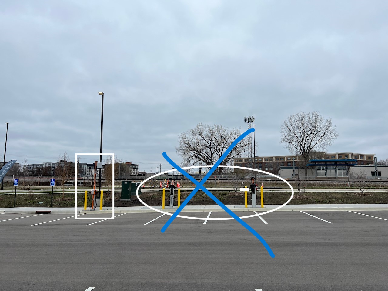 A picture of the chargers at Zelia. The two charge towers on the right side are crossed out.