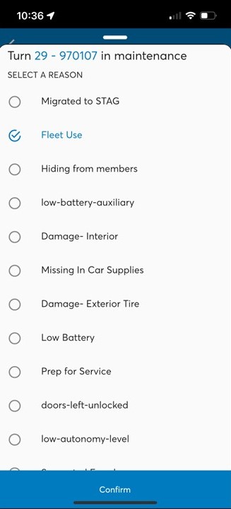 A screenshot of the Vulog back end app. There is a list of reasons for why the car would be put out of service. "Fleet Use" is selected.
