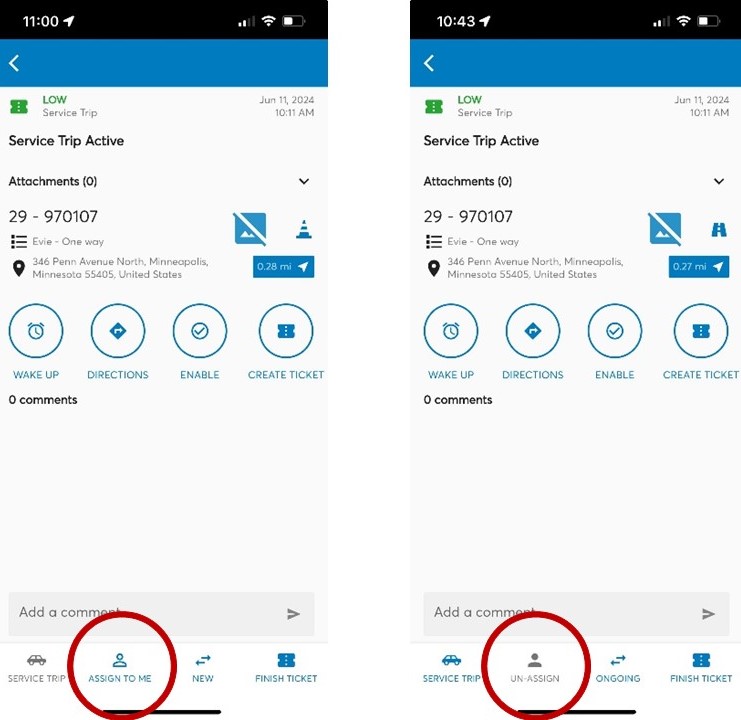 Two screenshots of the Vulog back end app. They have circled the button at the bottom of the screen that toggles whether or not a ticket is assigned to you.