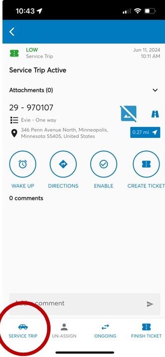 A screenshot of the Vulog back end app. They have circled the button at the bottom left of the screen that says "service trip".
