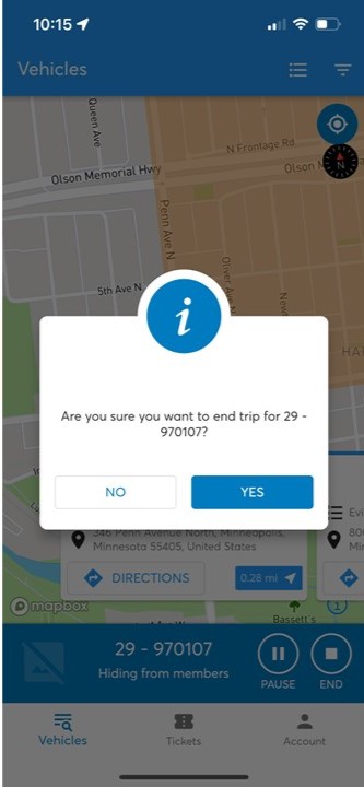 A screenshot of the Vulog back end app. A popup asks "Are you sure you want to end trip?"