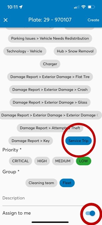 A screenshot of the Vulog back end app. The "Service Trip" button is highlighted, as is the priority "LOW", the group "Fleet", and the "assign to me" toggle is on.