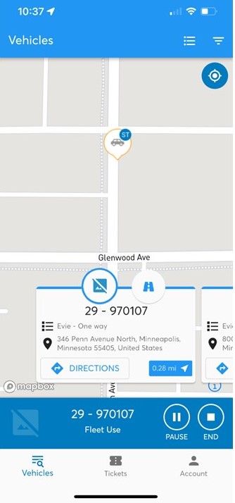 A screenshot of the Vulog back end app. The screen looks identical to the above image, but the "Start" button now says "Pause" and the "Cancel" button now says "End".
