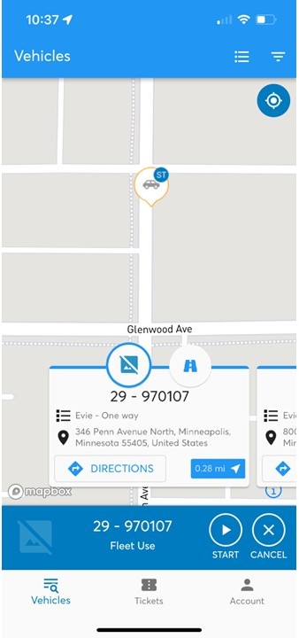 A screenshot of the Vulog back end app. A blue bar has appeared at the bottom of the vehicles screen. This lists the car number, out of service reason, and has "Start" and "Cancel" buttons.