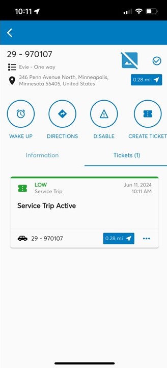 A screenshot of the Vulog back end app. A "Service Trip Active" ticket is visible.