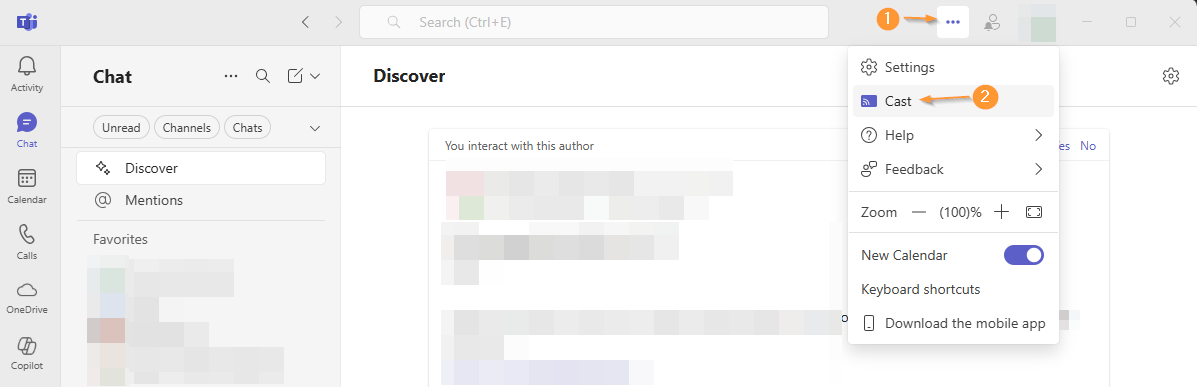 A screenshot of Microsoft Teams, showing the "Cast" feature